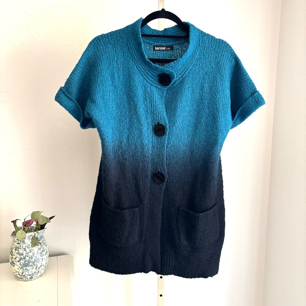 Kenzie Teal Black Ombré Short Sleeve Button Front Cardigan, Sz M